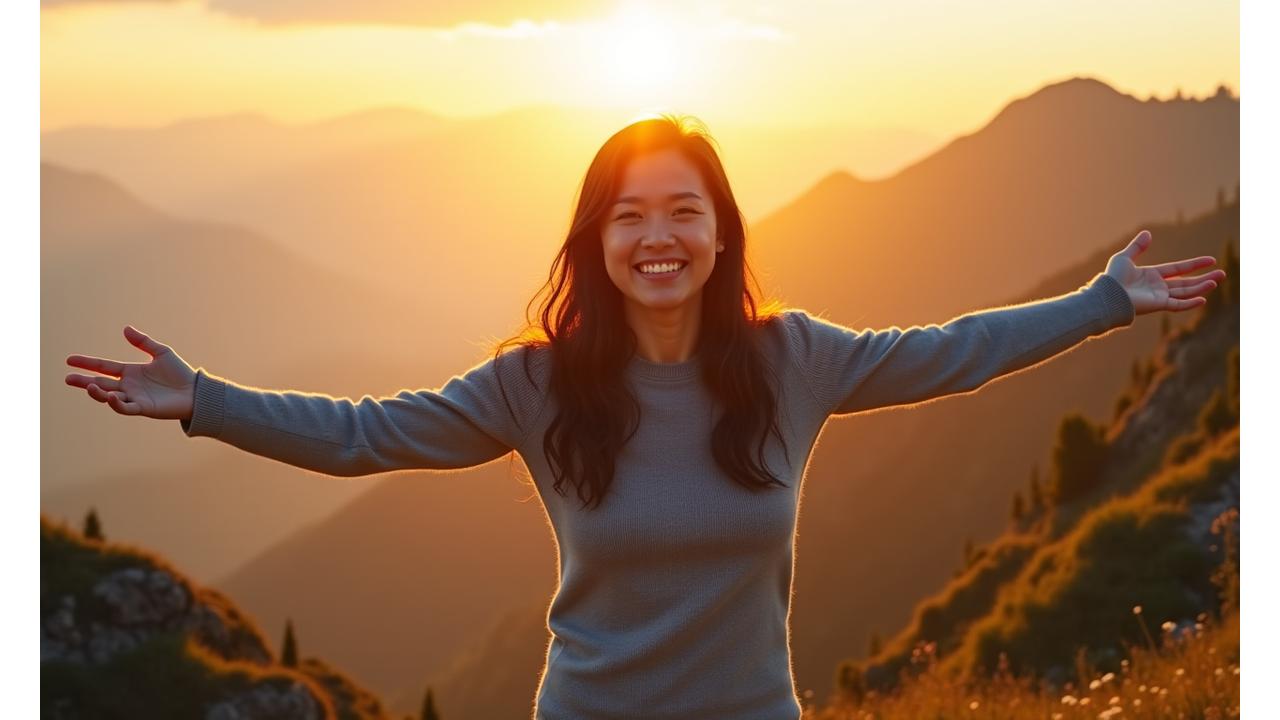 A smiling woman, Sarah Chen, in her late 30s, stands confidently on a mountain peak at sunrise, arms wide open, overlooking a vast, misty valley, embodying freedom and discovery.