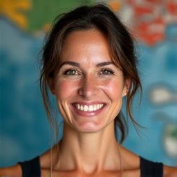 Ana Rodriguez, a travel specialist, smiling warmly, with a map of South America blurred in the background, subtly indicating her regional expertise.