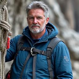 David Lee, an adventure guide, with a rugged, confident look, standing next to a rock-climbing wall, wearing a harness and holding ropes, suggesting his expertise in adventure travel.