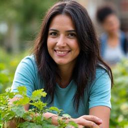 Elara Patel, a sustainability coordinator, smiling conscientiously amidst a vibrant community garden, hands gently tending to plants, symbolizing her commitment to responsible practices.