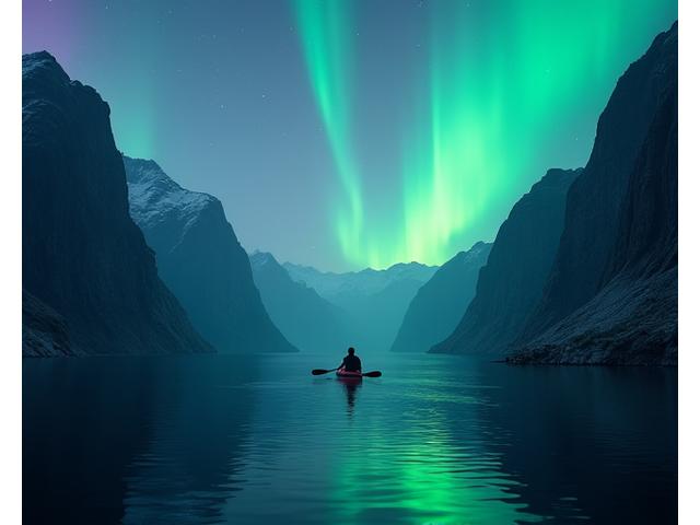 Sea kayaking in a stunning Norwegian fjord with northern lights in the sky, perfect for aurora photography.