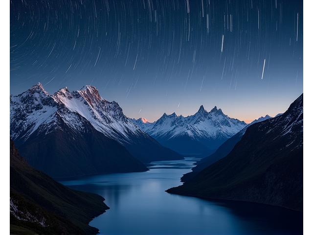 Star trails over the dramatic landscape of Aoraki Mackenzie International Dark Sky Reserve, New Zealand