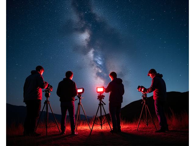 A group of individuals learning astrophotography techniques with cameras and tripods under a starry sky