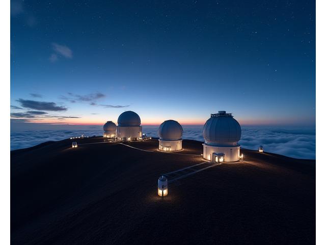 View of the observatories on Mauna Kea, Hawaii under a star-filled sky