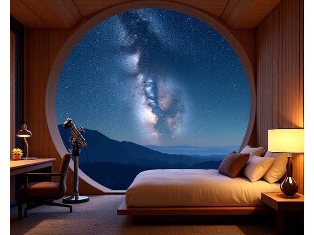 A luxury observatory lodge with a retractable roof, revealing a telescope aimed at the night sky from inside a comfortable living space