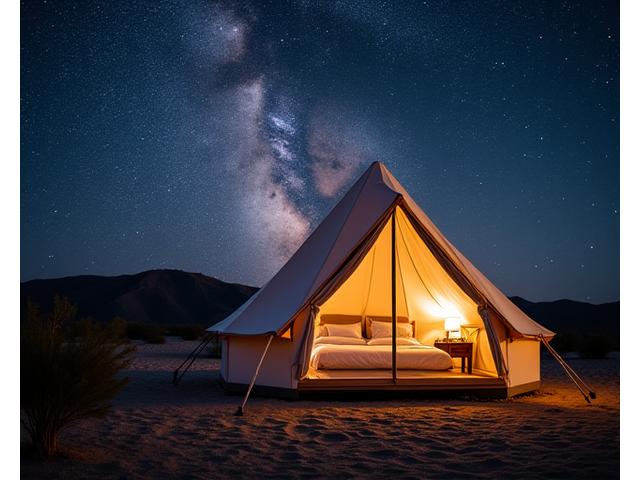 A luxury tent with a transparent roof for stargazing from bed, surrounded by a pristine dark landscape