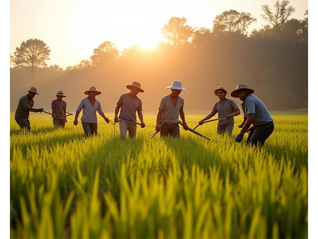 Travelers participating in a rice harvest