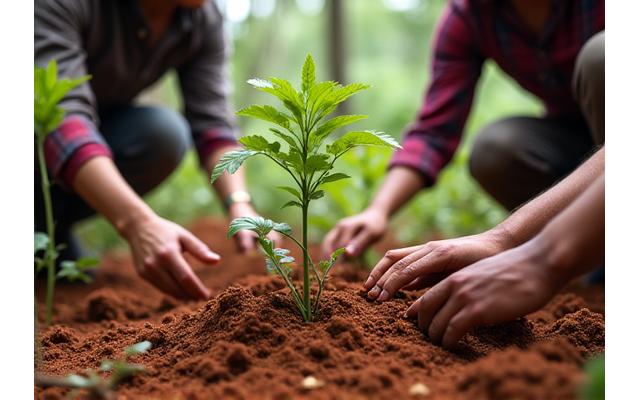 Indigenous community members planting young trees in a reforested area of the Amazon rainforest.