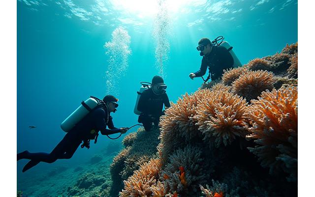 Divers carefully attaching coral fragments to a damaged reef structure in clear tropical waters.