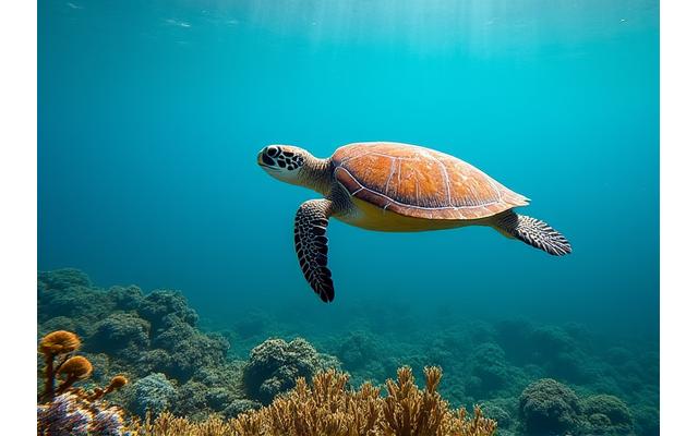 A sea turtle swimming gracefully in crystal-clear Galápagos waters, with vibrant coral visible.