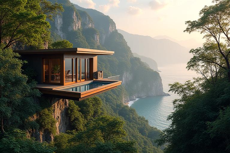 A stunning luxury eco-lodge seamlessly integrated into a lush natural environment, perhaps a rainforest canopy or coastal setting.