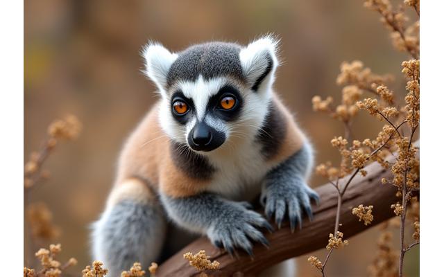 A ring-tailed lemur in its natural Madagascar habitat, surrounded by unique flora.