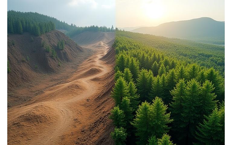 A split image showing a 'Before' picture of a deforested area and an 'After' picture of the same area lush with young trees.