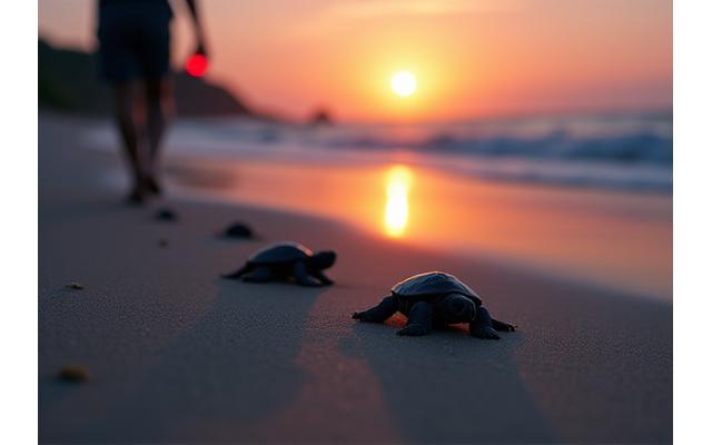 Volunteers carefully releasing sea turtle hatchlings into the ocean at dusk.
