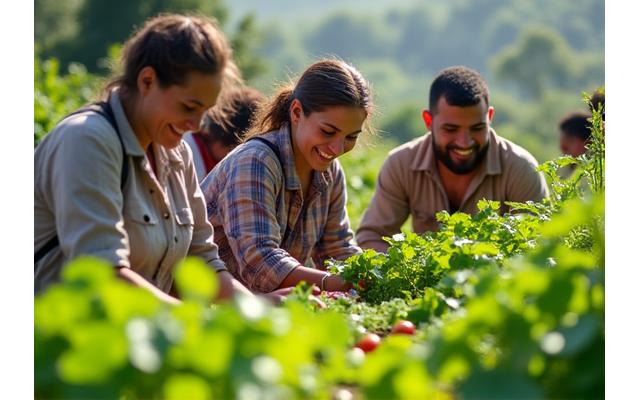 Travelers and local farmers collaboratively working in a vibrant organic vegetable garden, learning sustainable agricultural practices.