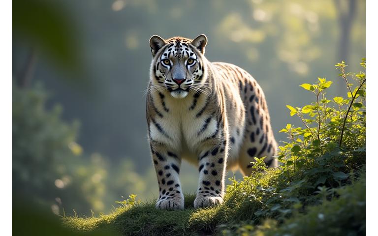 A majestic endangered animal (e.g., snow leopard, giant panda) thriving in its natural habitat, symbolizing successful conservation.