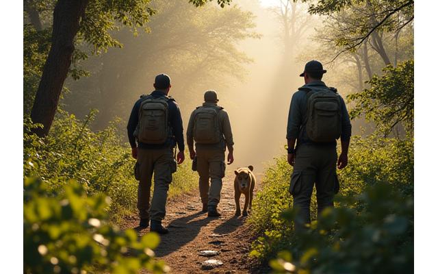 A team of wildlife biologists tracking a large mammal (e.g., jaguar, elephant) in a dense forest, using specialized equipment.