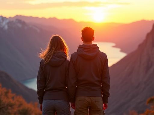 A couple enjoying a breathtaking mountainous view from a viewpoint, symbolizing future travel and discovery