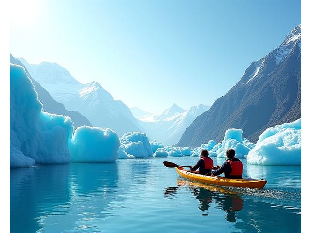 Kayakers paddling through icebergs in a glacial lagoon