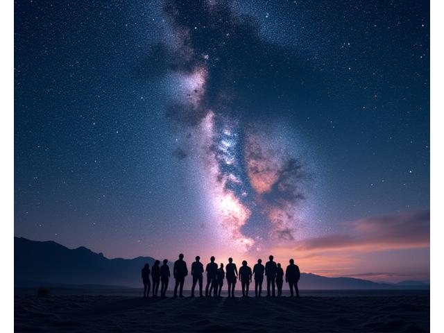 Group of people stargazing in a dark sky preserve, silhouettes against a vibrant Milky Way