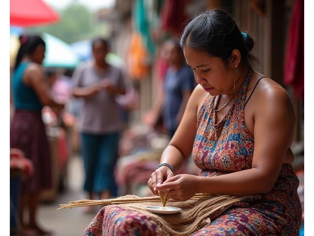 Local artisan demonstrating weaving in a colorful village market