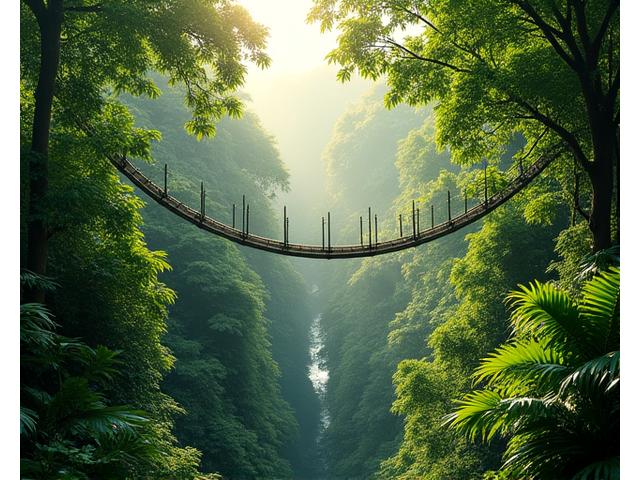 Lush rainforest canopy with a suspension bridge