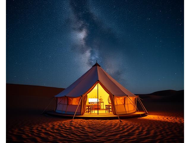 Luxury glamping tent under a starry desert sky