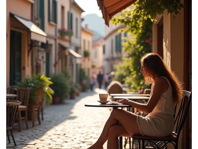 Person enjoying a quiet moment in a European village cafe
