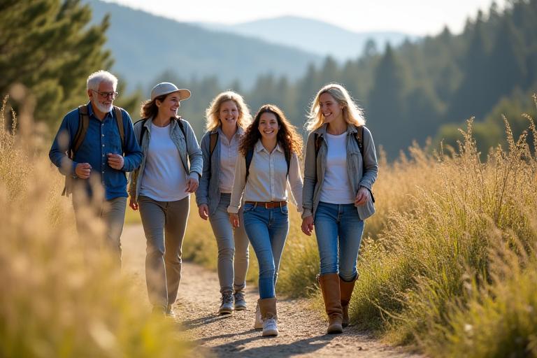 A multi-generational family hiking together in a sunny national park, with grandparents, parents, and children
