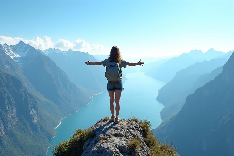 A solo traveler standing on a mountain peak looking at a vast valley below