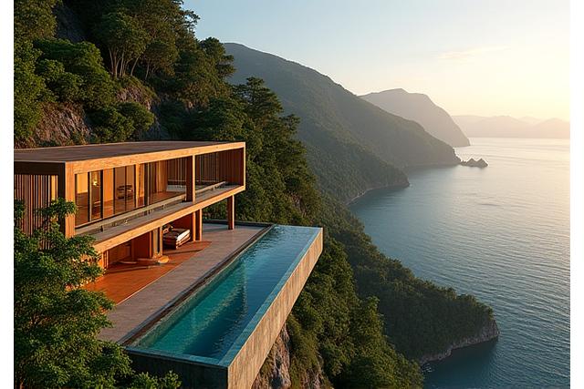 A stunning luxury eco-lodge villa perched on a cliff overlooking a lush rainforest and the ocean in Costa Rica. Modern architectural design blends with natural elements, showcasing a private infinity pool and expansive views.