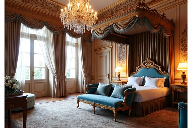 An opulent interior of a historic palace suite in Vienna, Austria, featuring antique furniture, crystal chandeliers, high ceilings, and a grand four-poster bed. Soft natural light filters through the tall windows.