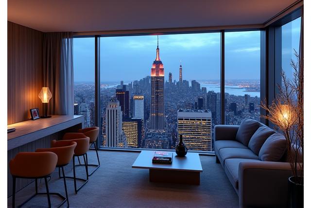 A sleek, modern penthouse suite in a high-rise building with a breathtaking panoramic view of the New York City skyline at dusk. Contemporary furniture, ambient lighting, and floor-to-ceiling windows create an upscale urban sanctuary.