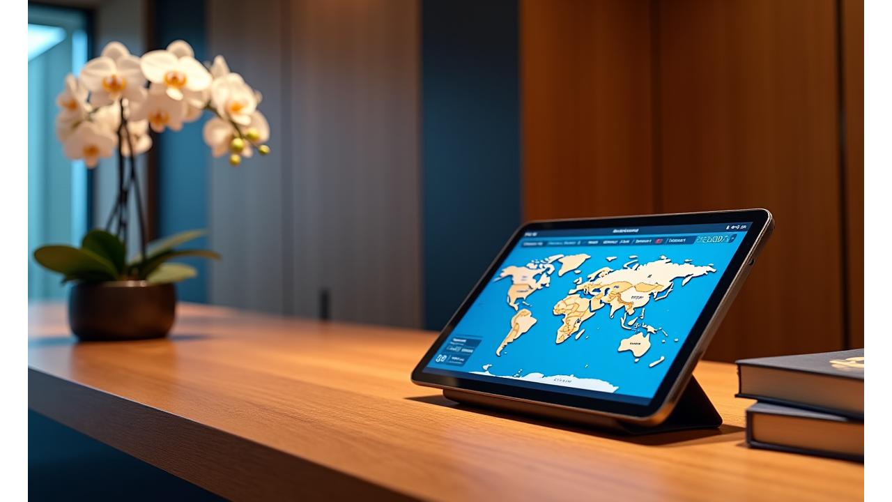 A beautifully lit, minimalist concierge desk in a luxurious hotel, with a polished wooden surface, a single elegant flower arrangement, and a discreet, sophisticated digital interface displaying travel options. No people are visible, emphasizing service readiness.