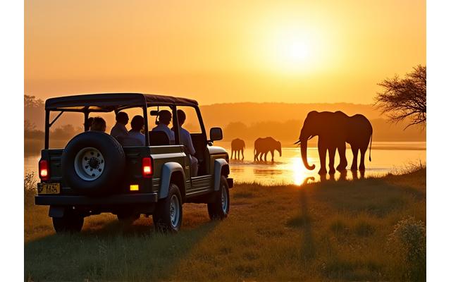 An exclusive safari jeep, open-sided and luxurious, parked facing a watering hole in the African savanna at sunrise. A family of elephants drinks from the water, observed by a small group of well-dressed tourists with binoculars. Golden light bathes the scene.