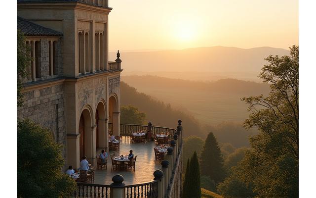 Exterior view of a majestic private castle in the rolling hills of Tuscany, Italy, at dawn. A faint mist hangs over the vineyards, and a small group of people are seen enjoying breakfast on a terrace overlooking the scenic landscape.