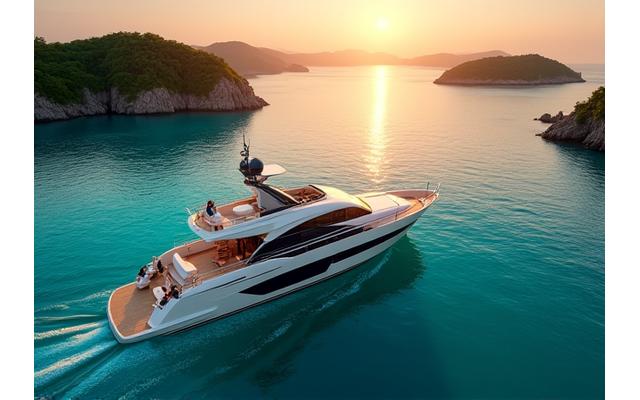 A sleek, modern luxury yacht sailing through calm turquoise waters of a remote archipelago, with lush green islands in the background. A couple is seen relaxing on the deck, enjoying the panoramic view. The sun is setting, casting warm glow.