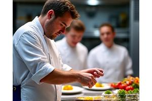 A Michelin-starred chef demonstrating culinary techniques to a small group of enthusiastic participants in a pristine, professional kitchen. Fresh ingredients are meticulously arranged, and the scene is focused on gourmet artistry.