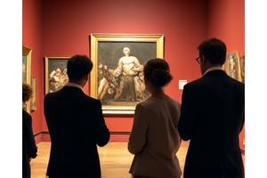 A small group of impeccably dressed individuals on a private, after-hours tour inside a grand art museum. A curator passionately explains a masterpiece, illuminated by soft spotlights. The museum is empty save for the group.