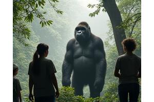 A small group with a wildlife researcher observing a majestic silverback gorilla in its natural habitat in Rwanda's dense rainforest. The scene is respectful, quiet, and emphasizes direct, impactful conservation tourism.