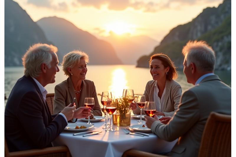 A small group of four sophisticated travelers, two couples, enjoying a conversation and laughter at a beautifully set outdoor dining table overlooking a breathtaking natural landscape, perhaps a fjord or mountain range. The mood is convivial yet intimate.