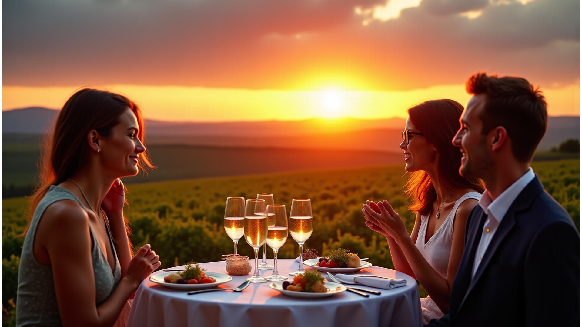 An intimate group of five travelers enjoying a private sunset view over a pristine European vineyard, with fine dining table set up beside them, champagne glasses raised towards a vibrant sky. The scene exudes exclusivity and serene luxury.