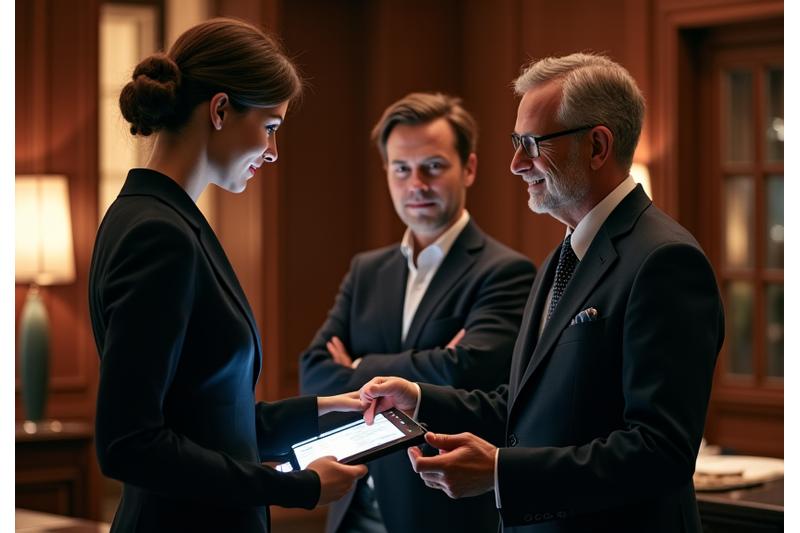 A sophisticated female concierge, professionally dressed, conversing with a well-traveled couple in a luxurious hotel lobby. She is holding a tablet, pointing to a map, with a gentle, reassuring smile. The ambiance is elegant and attentive.