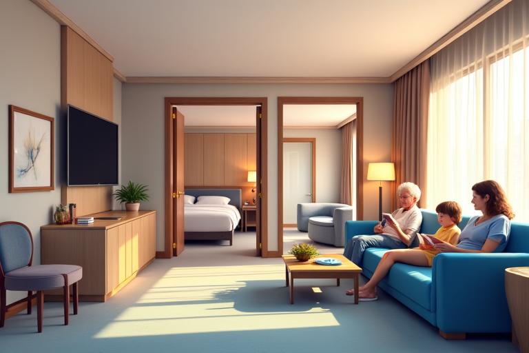 Spacious, accessible hotel suite with a family relaxing in different areas