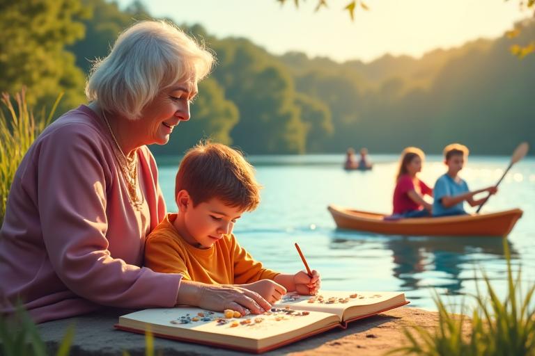 Grandparents and grandchildren engaged in a gentle, educational activity like painting while parents are hiking in the background