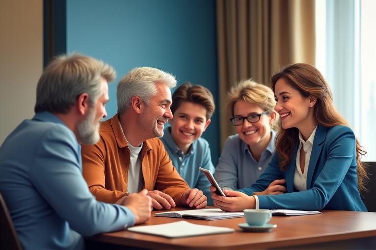 Friendly travel coordinator discussing itinerary with a multi-generational family in a comfortable setting