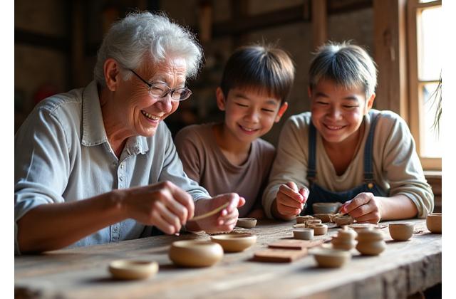 Family members of different ages working together on a traditional craft project