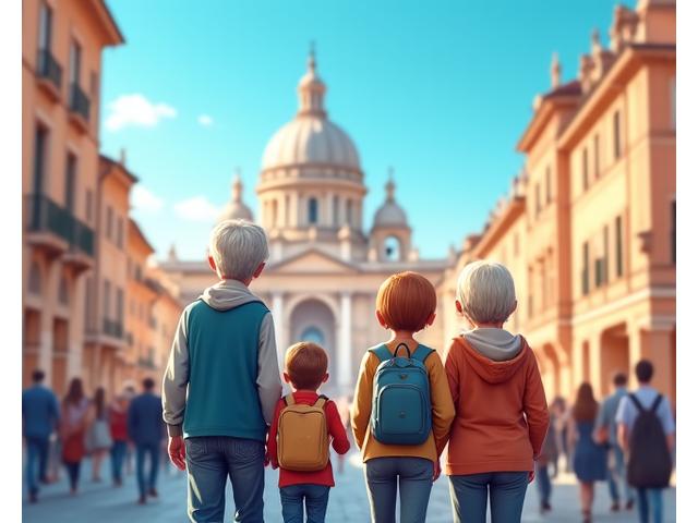 Multi-generational family enjoying a walking tour in a European city, looking at historic architecture