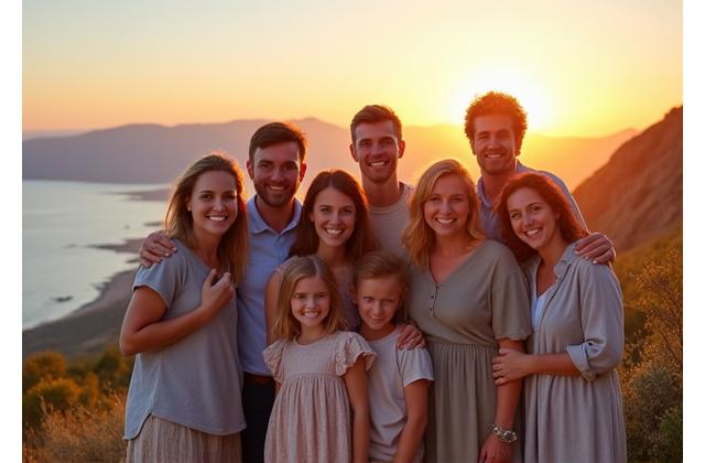 Multi-generational family happily posing for a professional photo in a beautiful natural setting