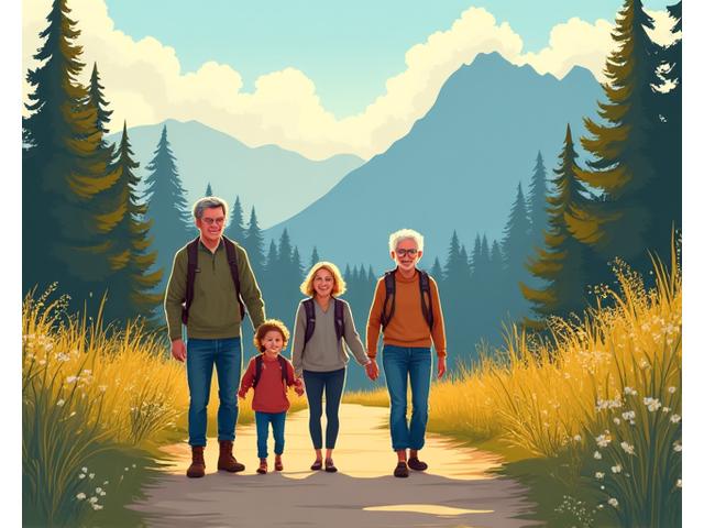 Family exploring an accessible trail in a national park with mountains in the background